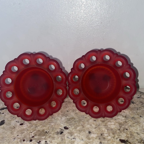 Vintage Westmoreland Handmade Red Glass Satin Mist Doric Lace Candle Holder Pair - Picture 7 of 12